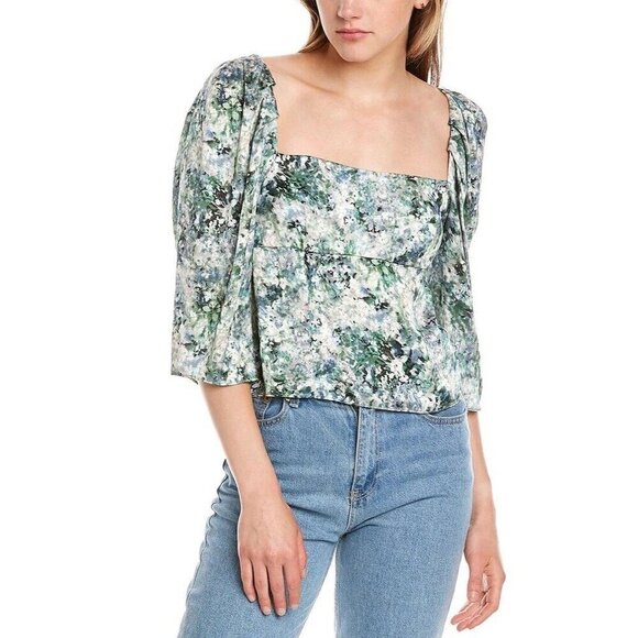 Vince Size 10 Floral Satin Blouse Green Square Neck Puff Sleeve Cottagecore New - Picture 1 of 10